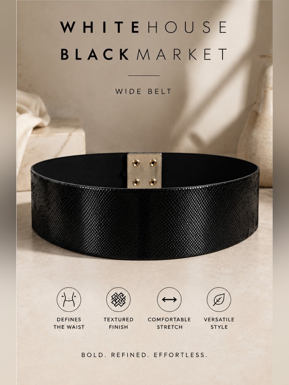 EUC WHBM Black Wide Leather Belt With Elastic And Snaps Closure, Small
